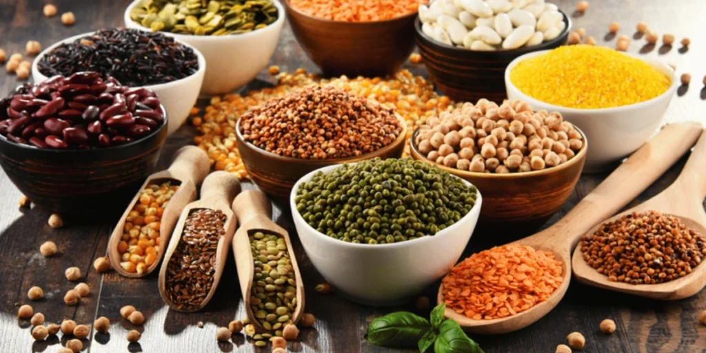 Legumes and grain photo, essential plant-based pantry staples.