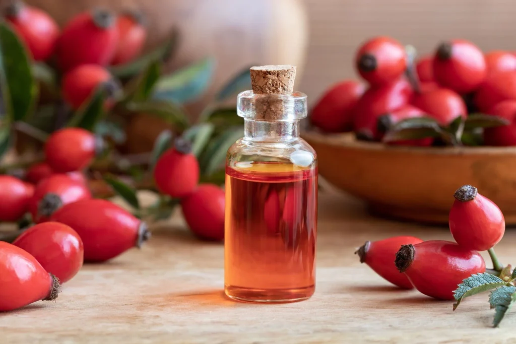 A display of a bottle of Rosehip oil.