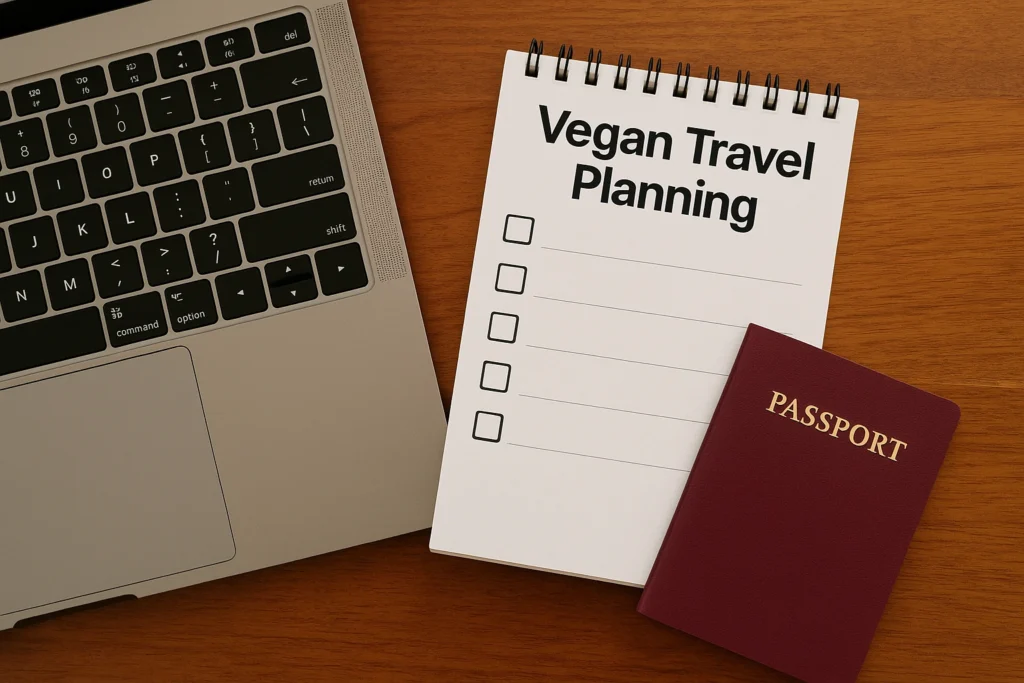 Laptop and passport on a table with a list titled "Vegan Travel Planning"