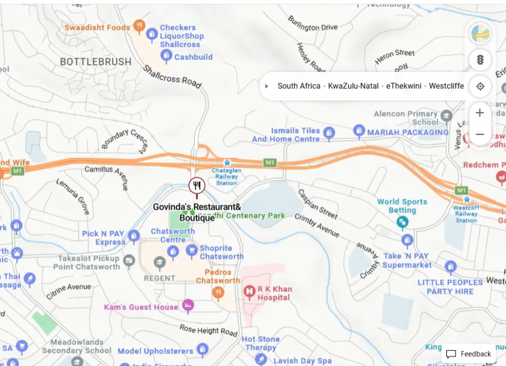 Map showing directions to Govinda's Restaurant one of best vegan dining in Durban.