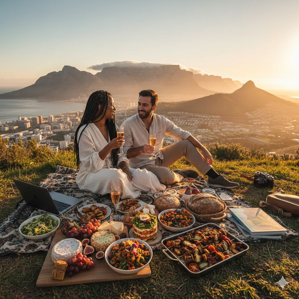 A happy vegan couple enjoying a luxurious plant-based picnic with various delicious dishes, fresh fruit, and wine on a hill overlooking the scenic cityscape of Cape Town and Table Mountain at sunset.