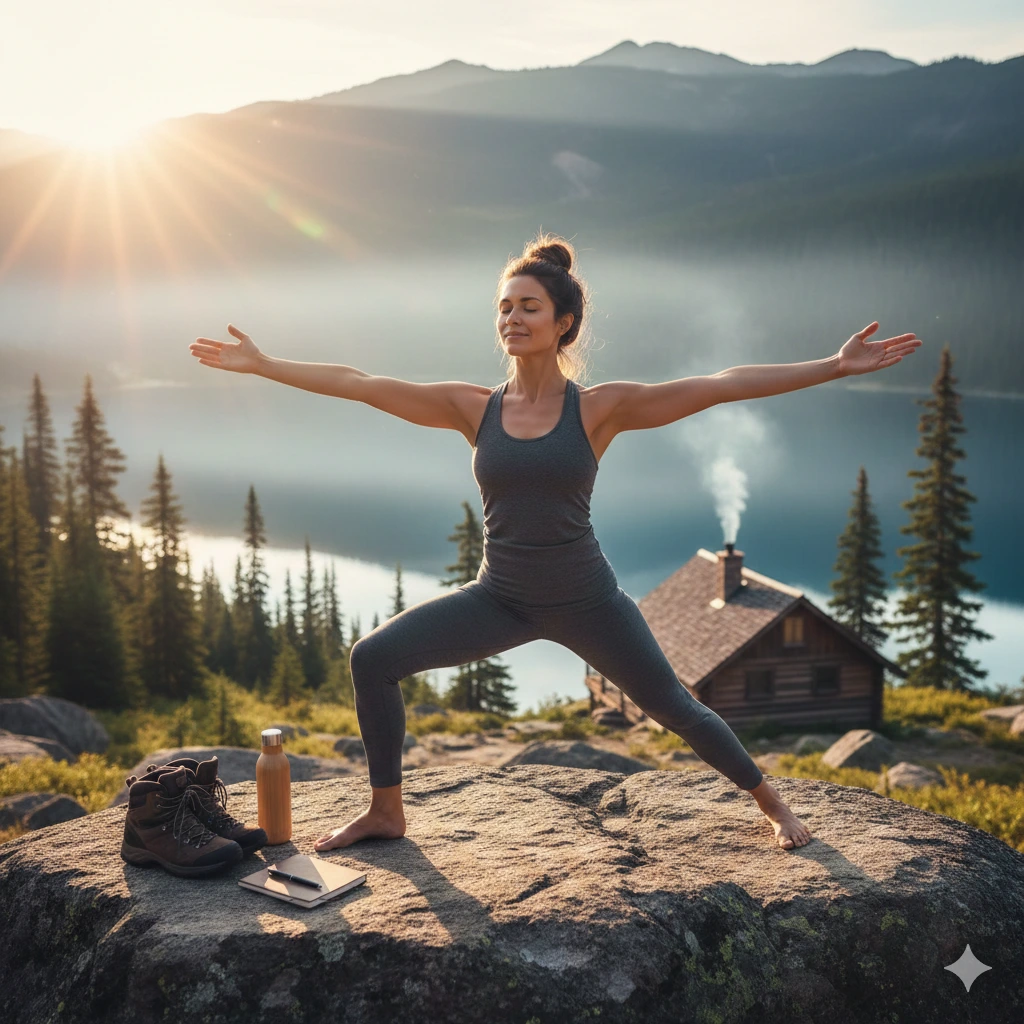 A woman practices a warrior II yoga pose on a large rock overlooking a serene mountain lake at sunrise. In the background, there's a cozy wooden cabin with smoke gently rising from its chimney, surrounded by pine trees and distant mountains. A water bottle, hiking boots, and a journal are placed beside her on the rock, emphasizing themes of nature, mindfulness, and active wellness travel.