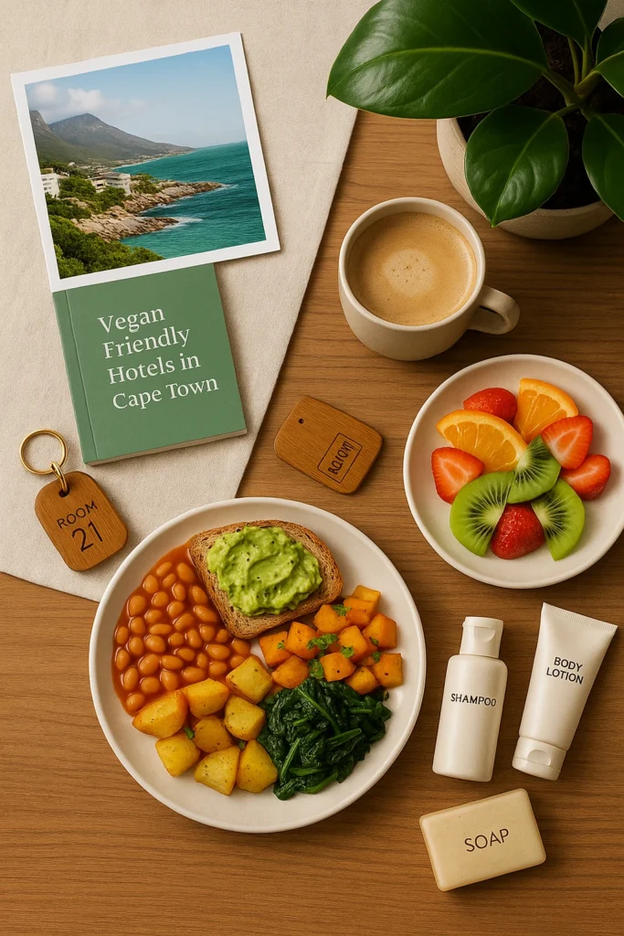 Flat-lay of a vegan friendly Cape Town hotel experience with ocean-view photo, plant-based breakfast plates, oat milk coffee, cruelty-free toiletries, and lush greenery in a modern minimalist setting..