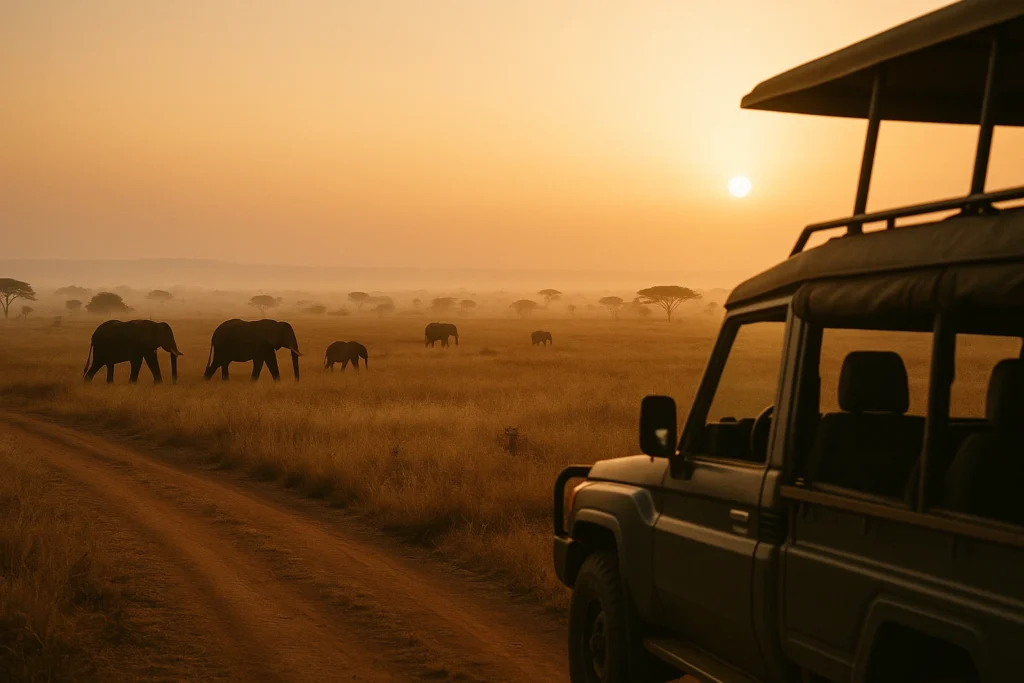 Wild elephants roaming freely across a savanna at sunrise, viewed from a distant safari vehicle on a dirt road, captured in ethical wildlife tourism style.