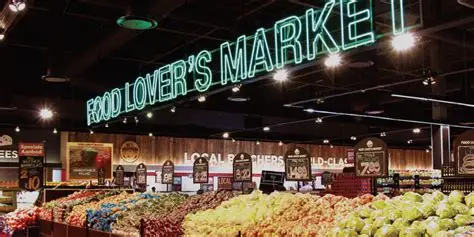 Food Lovers Market Logo and display of a variety of fruits & vegetables.