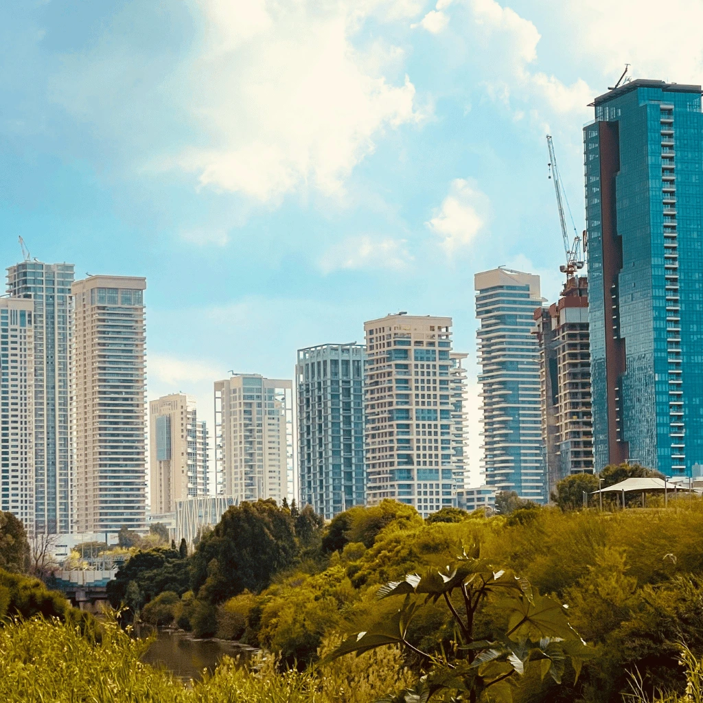 City of Tel Aviv with slightly cloudy background, the best vegan travel destination in the world.