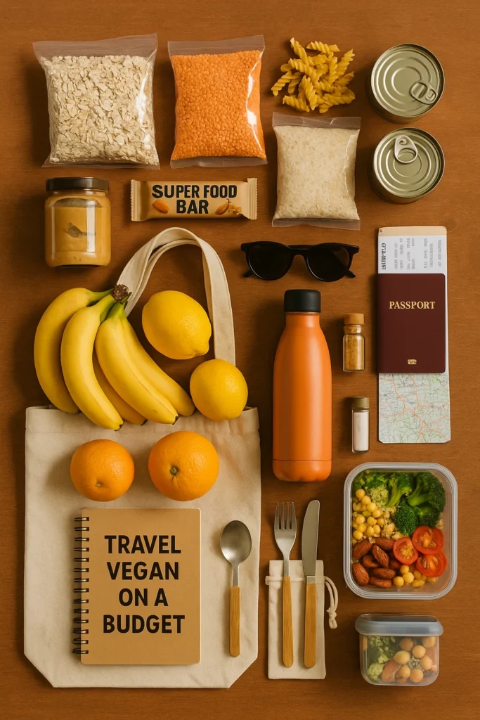 Flat lay of budget vegan travel essentials including bananas, oranges, oats, lentils, rice, canned beans, peanut butter, reusable water bottle, canvas bag, travel journal, passport, boarding pass, sunglasses, spices, and eco-friendly utensils arranged on a wooden surface.