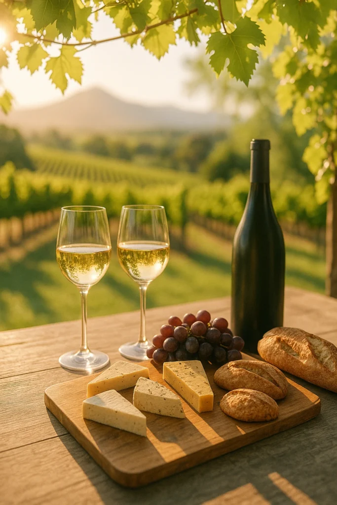 Vegan wine tasting scene in Stellenbosch with two glasses of white wine, vegan cheese board, grapes, artisanal breads, and sunlit vineyards in the background.