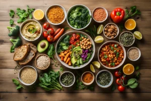 Flat-lay of colourful whole food plant-based ingredients including fruits, vegetables, chickpeas, quinoa, nuts, seeds, and leafy greens arranged on a wooden table.