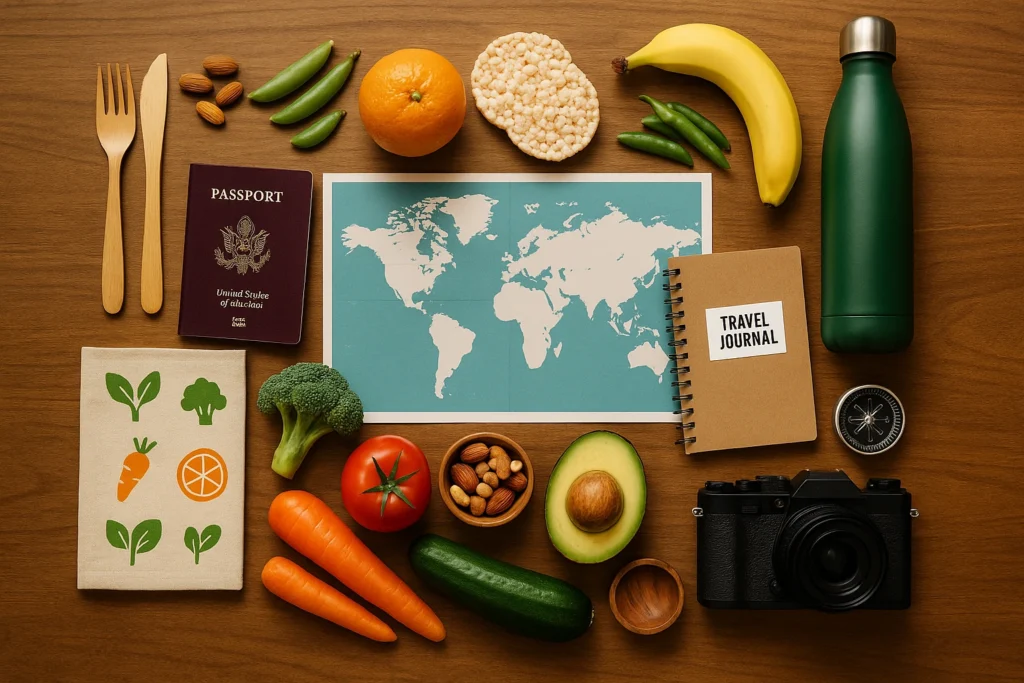 Flat-lay of global vegan travel essentials on a wooden table, including fresh fruits and vegetables, vegan snacks, bamboo cutlery, passport, world map, travel journal, reusable water bottle, compass and camera, styled in warm natural light.