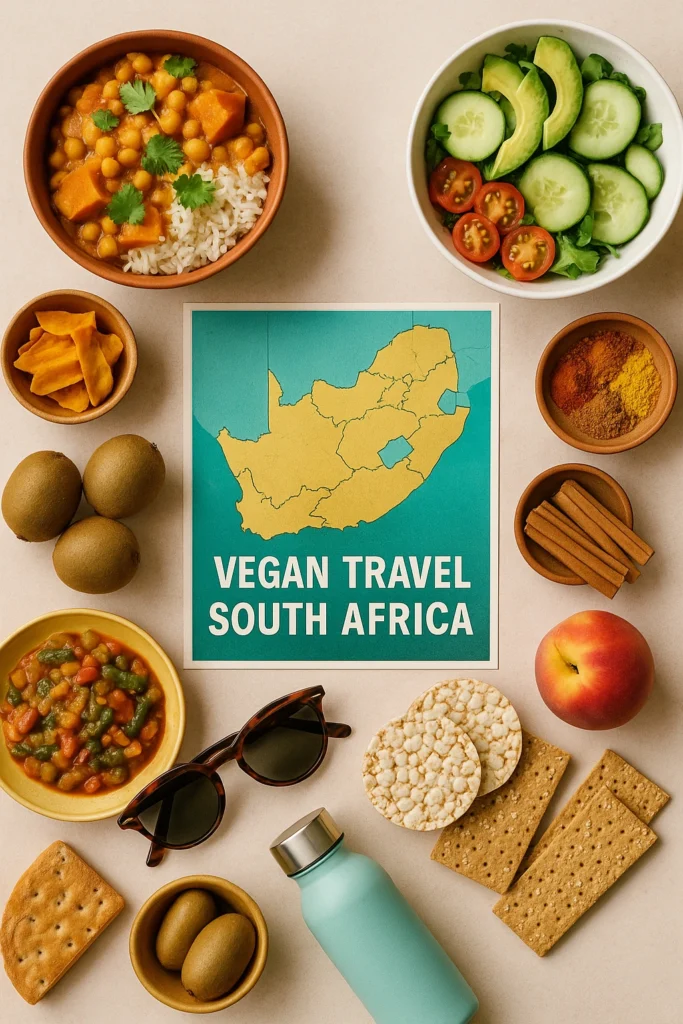 Flat-lay featuring vegan South African travel essentials including plant-based dishes, fresh fruits, Cape Malay spices, reusable water bottle, sunglasses, snacks, and a South Africa map on a warm minimalist background.