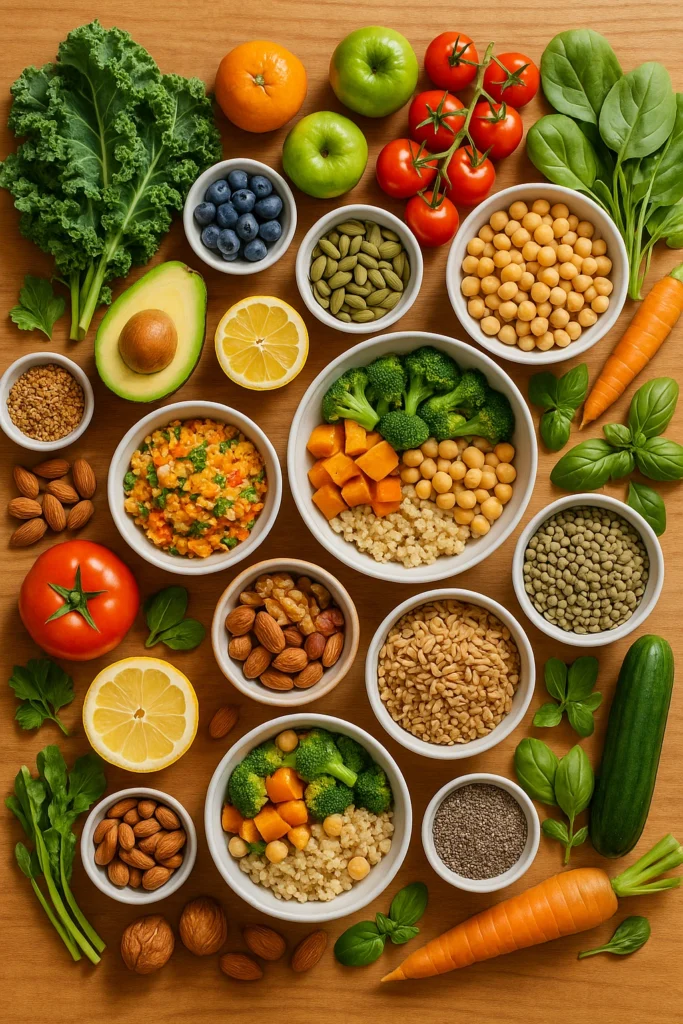 Vibrant tabletop layout of plant-based dishes, fresh produce, legumes, grains, nuts, seeds, and herbs displayed beautifully on a rustic wooden surface.