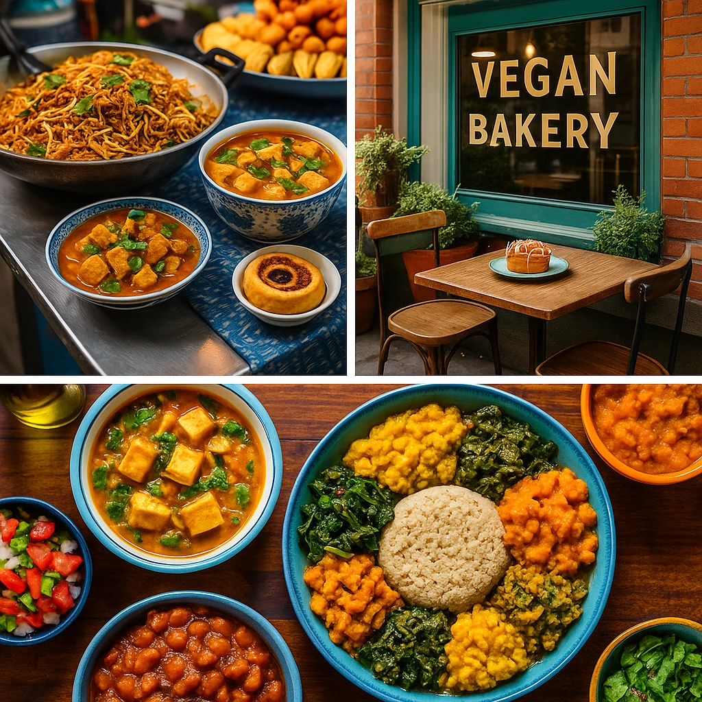 Collage of hidden vegan food gems around the world showing Asian vegan street food, European vegan bakery pastries, and African traditional plant-based dishes with a bright travel vibe.