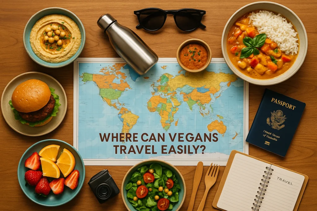 Vegan-friendly travel destinations flat-lay with plant-based meals, passport, world map and eco travel essentials showing where vegans can travel easily.