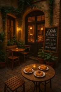 A cosy hidden alley vegan café with warm golden lighting, wooden tables, green plants, and a handwritten chalkboard menu showing vegan specials beside fresh pastries.