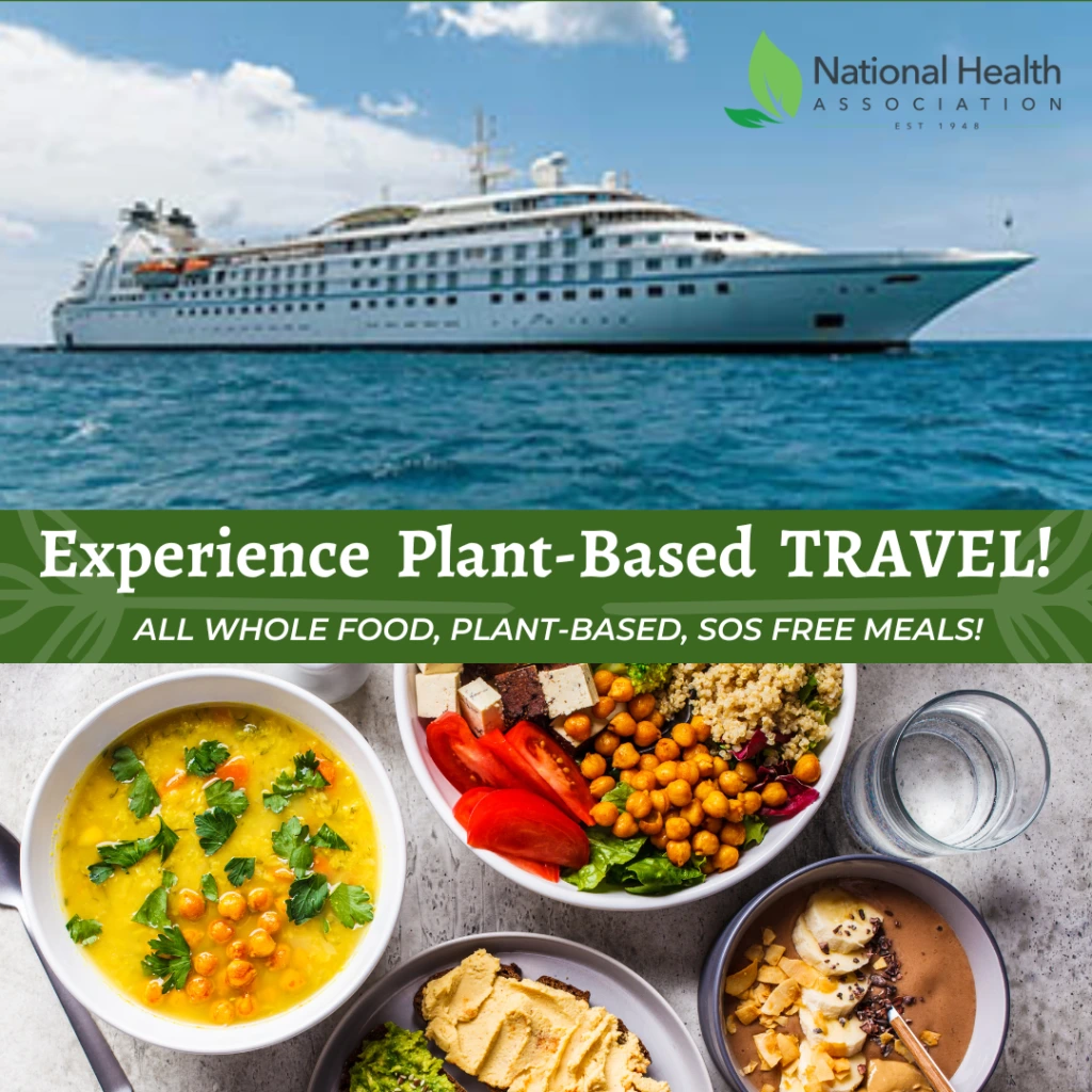 A cruise ship on an ocean with marketing for plant-based travel.