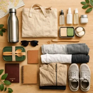Flat-lay of sustainable travel packing essentials including reusable water bottle, solid toiletries, capsule wardrobe clothing, eco-friendly bags, and low-waste travel items on a wooden table.
