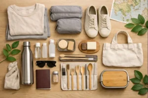 Eco-friendly packing essentials for sustainable travel including reusable water bottle, solid toiletries, bamboo toothbrush, refillable containers, and reusable bags laid out neatly.