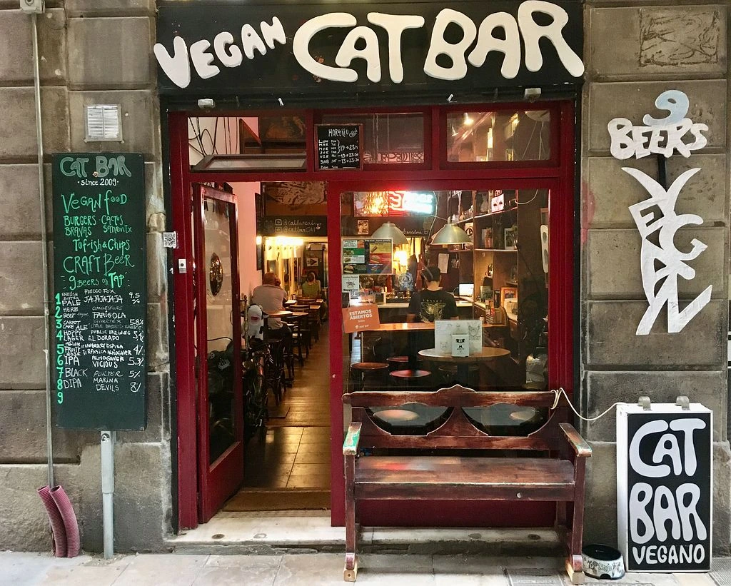 A front view of Vegan Cat Bar in Barcelona famous for creative vegan tapas, and it's a place where vegans can travel easily.