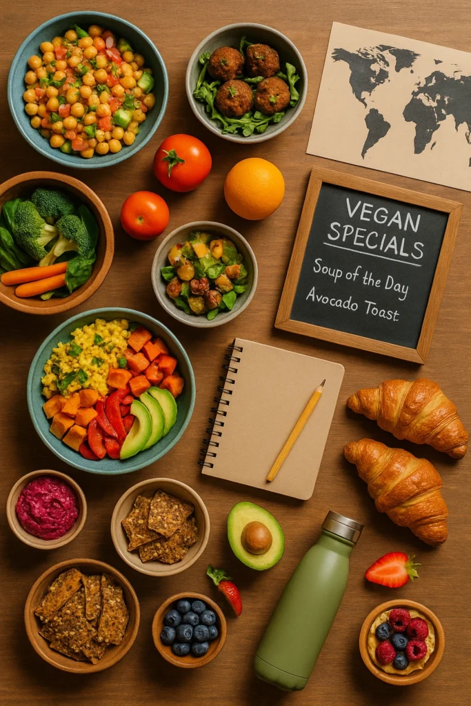 Vibrant flat-lay of hidden vegan gems featuring colourful vegan dishes, fresh fruits, plant-based snacks, bakery items, a reusable water bottle, notebook, and mini world map on a wooden table.