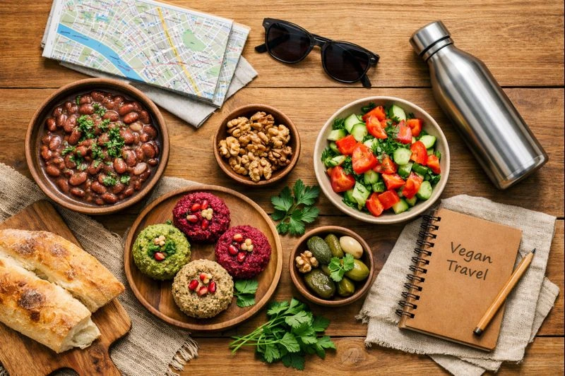 Vegan travel to Tbilisi with traditional Georgian plant-based dishes like lobio and pkhali, fresh vegetables, bread, and travel essentials on a wooden table.