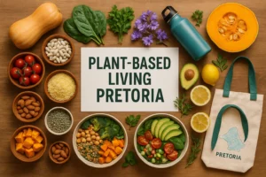Plant-based Living Pretoria flat-lay with fresh whole foods, vegan bowls, and reusable essentials