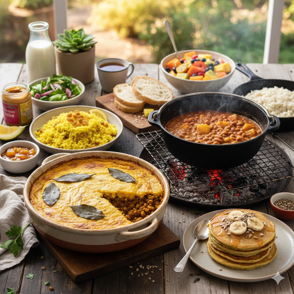 A flatlay of plant-based foods vs vegan in South Africa.