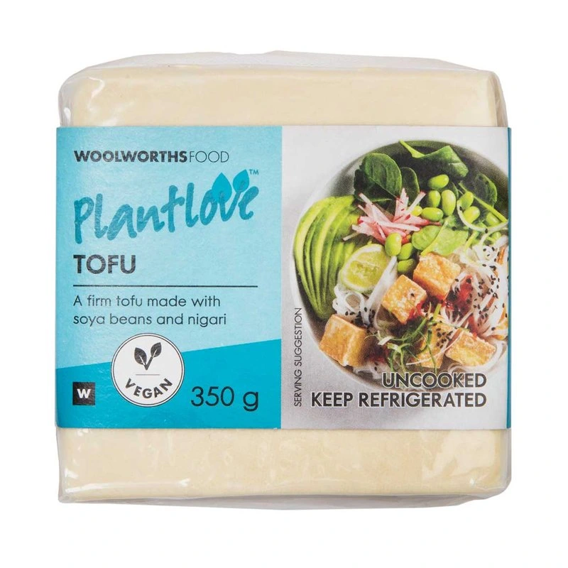 PlantLove tofu 350 g package, and alternative prepackaged vegan food, unlike whole food .