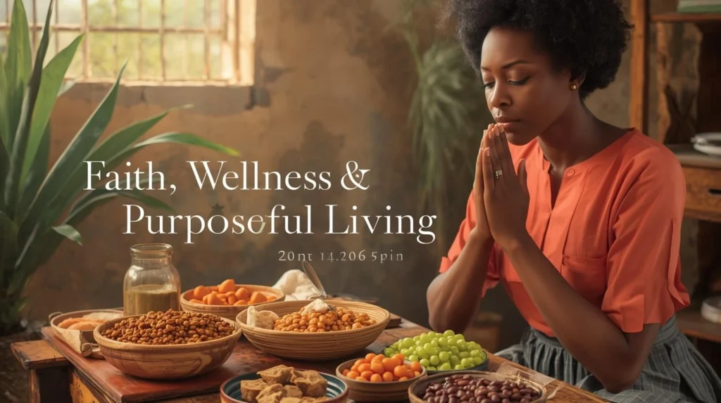 A lady sitting on a table and praying over plant-based foods for faith, wellness & purposeful living.