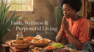 A lady sitting on a table and praying over plant-based foods for faith, wellness & purposeful living.